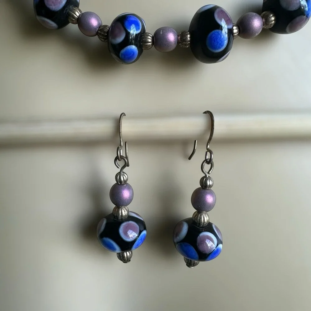 Vintage Artisan Beaded Necklace 18 Inch Match Earrings Set Lampwork‎ Art Glass